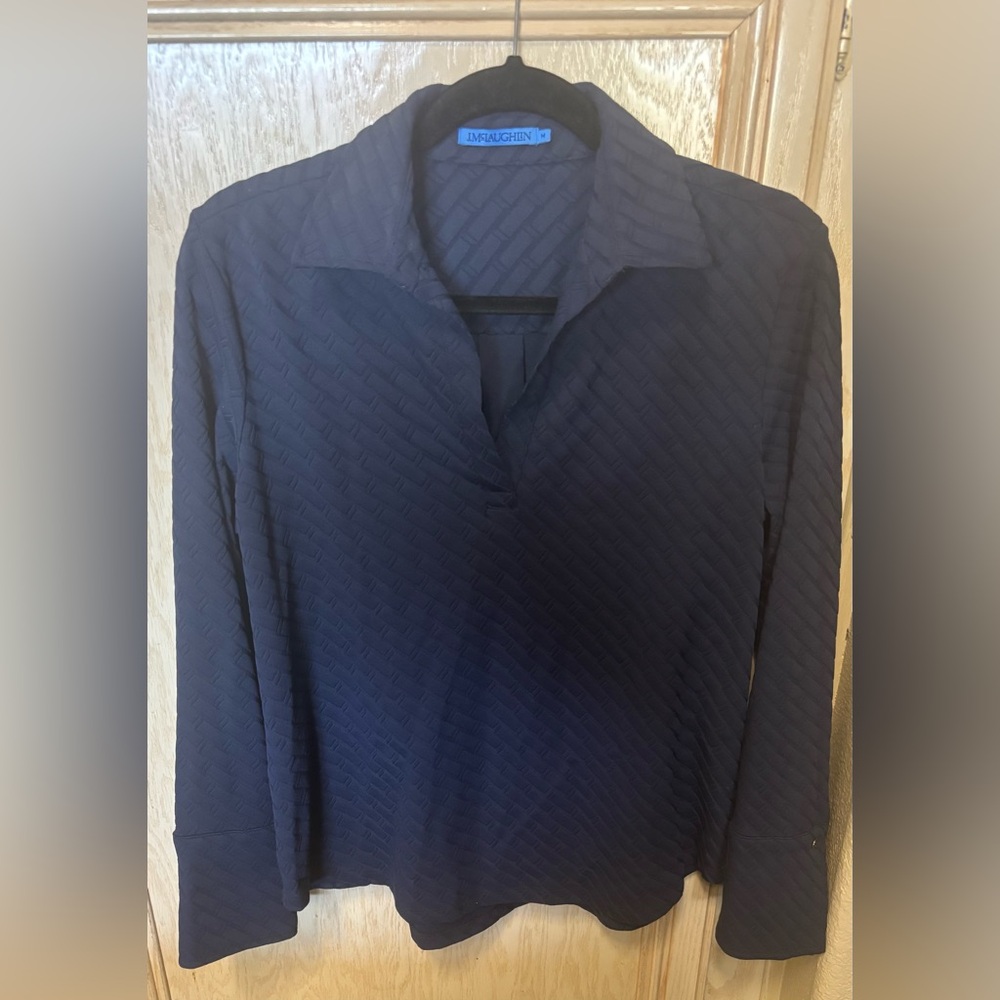 J.Mclaughlin Woman’s Alfie Long Sleeve Top Navy Blue Quilted Collared Sz Medium